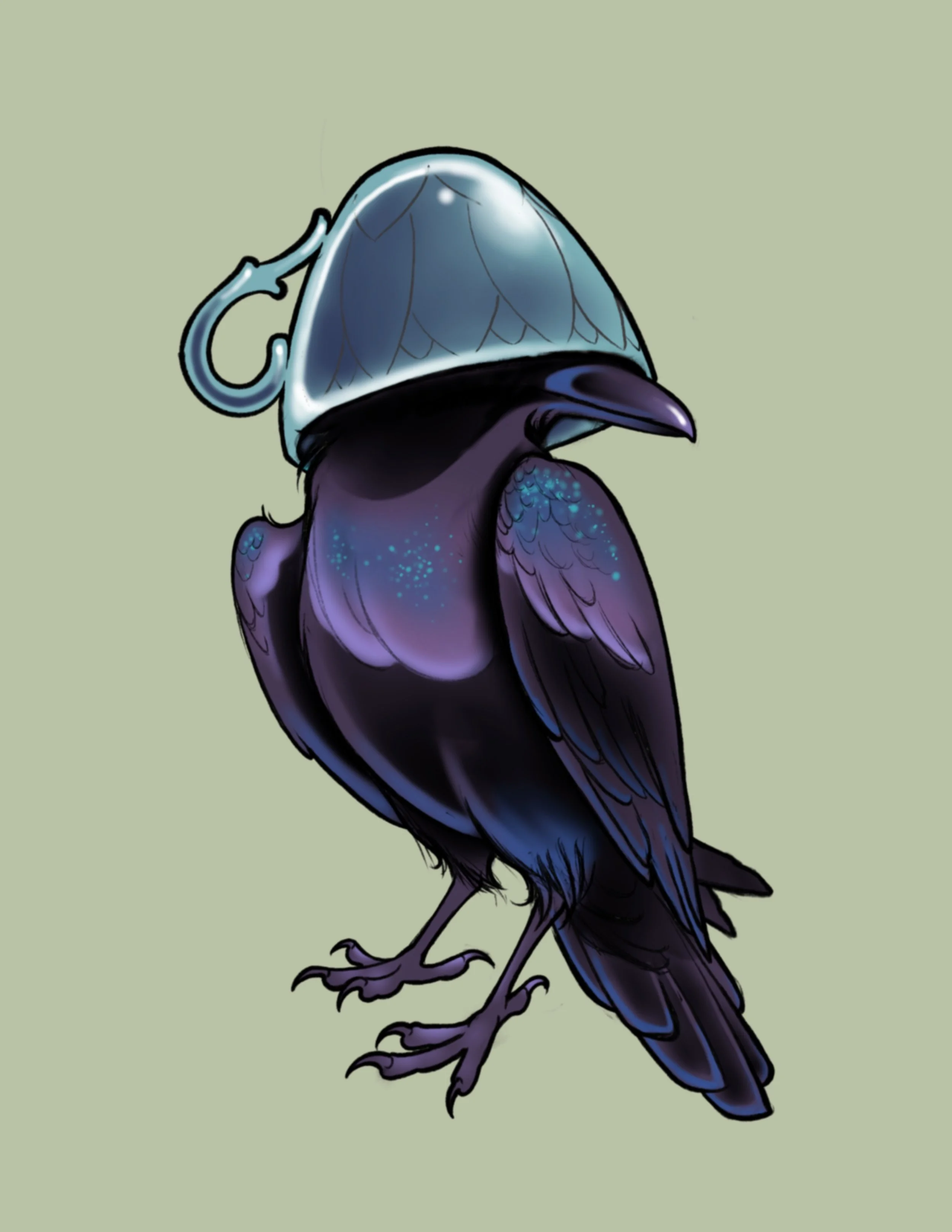 A digital illustration of a bird with dark purple and blue feathers, wearing a shiny, light blue helmet.