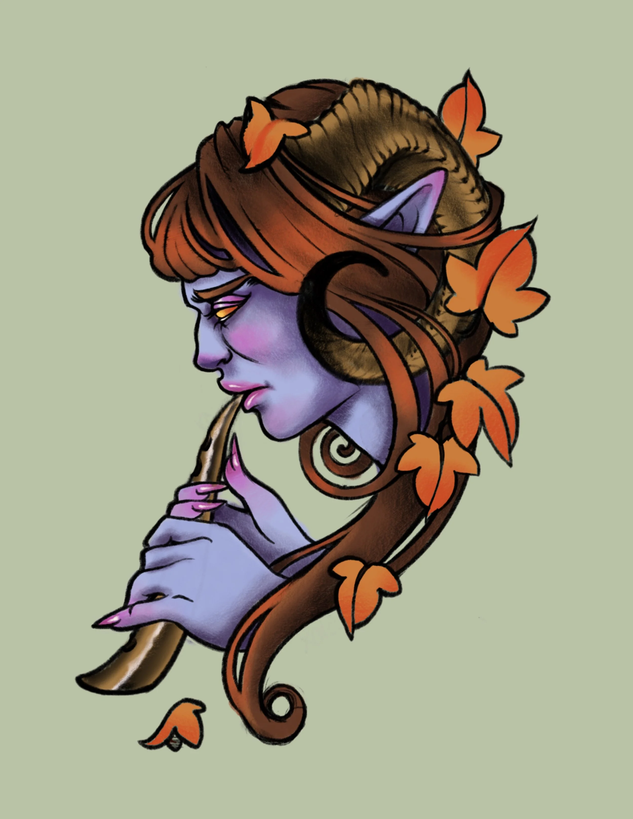 A fantasy illustration of a female elf with pointed ears, purple skin, and long red hair adorned with orange autumn leaves, holding a small pink flower with a green stem against a light green background.