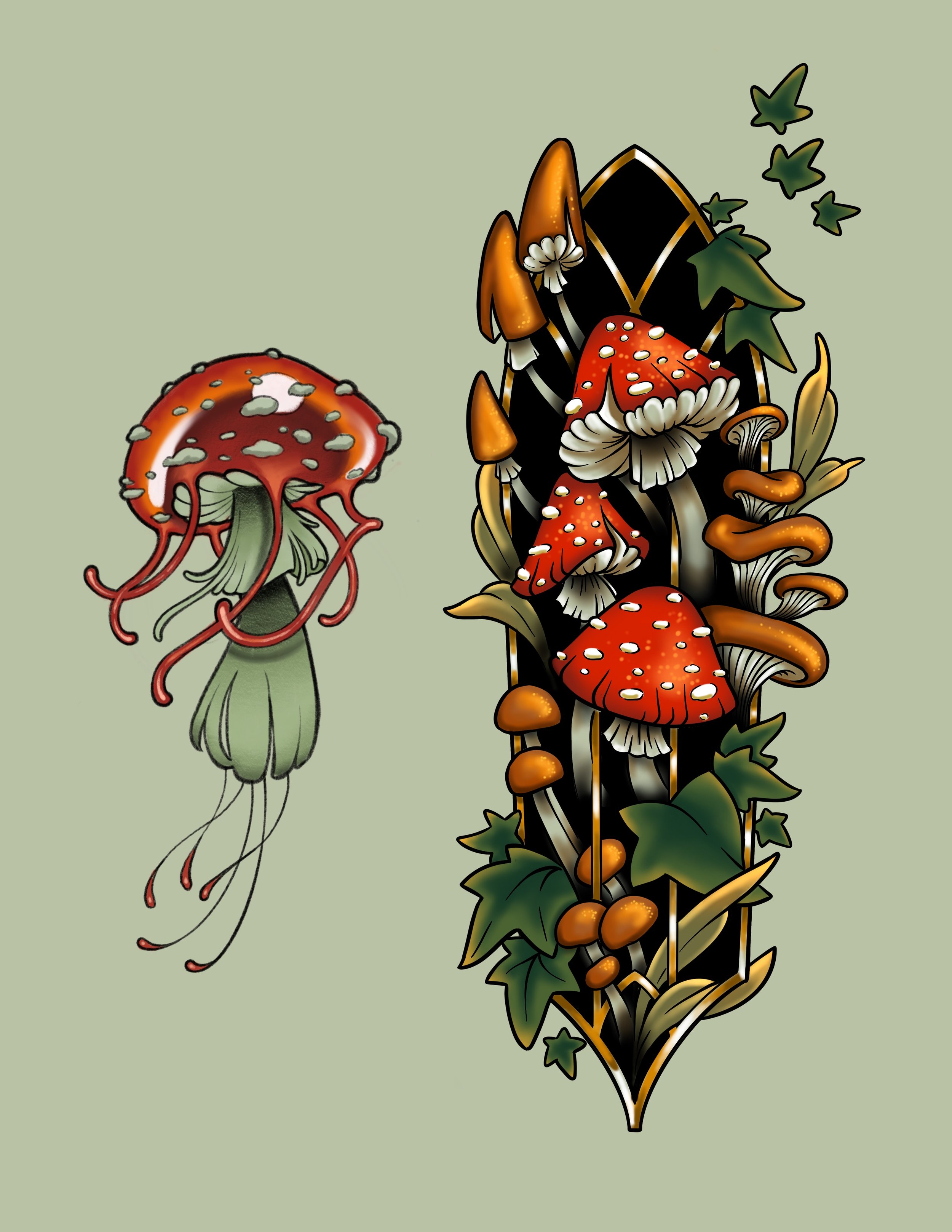 Illustration of red mushrooms with white spots, orange mushrooms, and green ivy leaves on a pale green background.