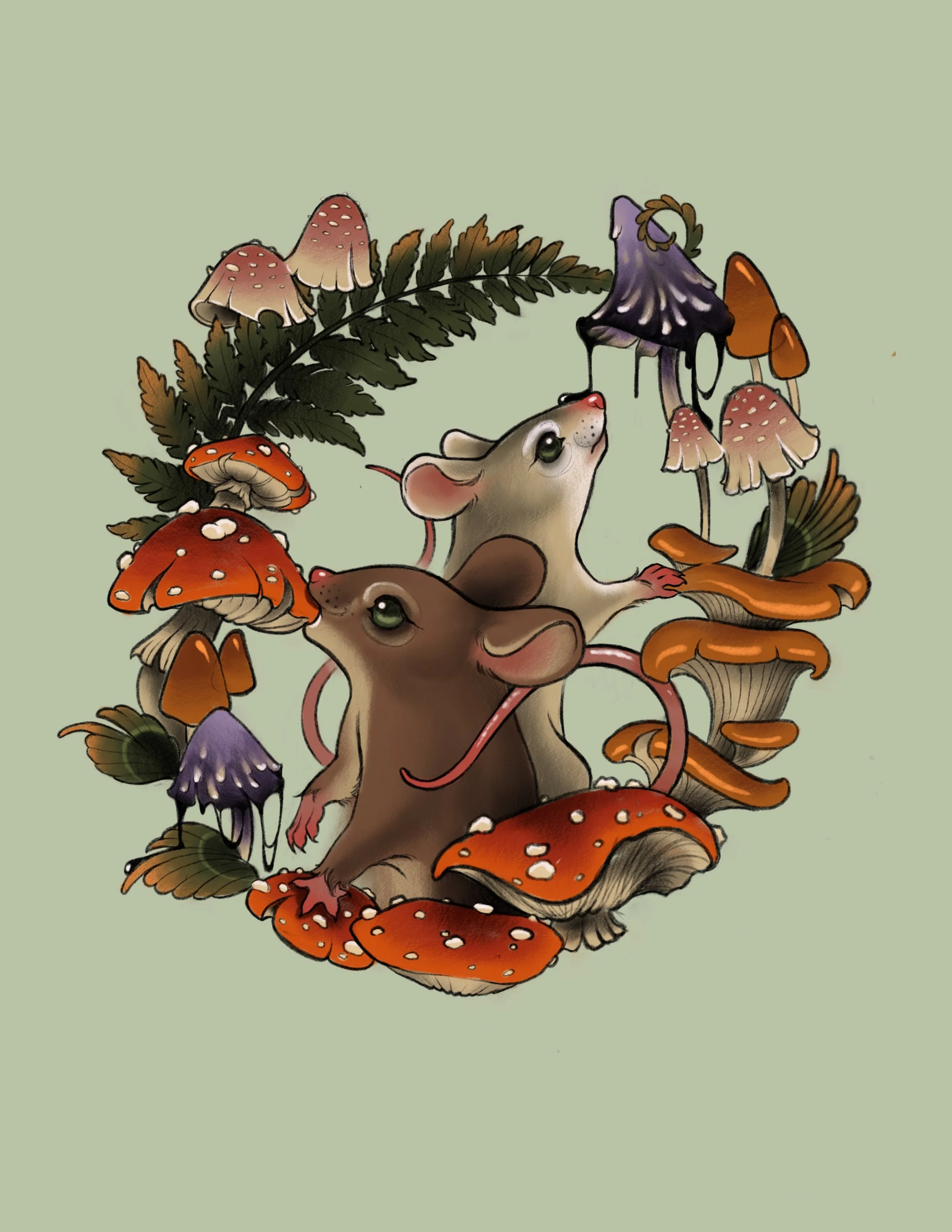 A digital illustration of two mice, various colorful mushrooms, and ferns arranged in a circle on a soft green background.