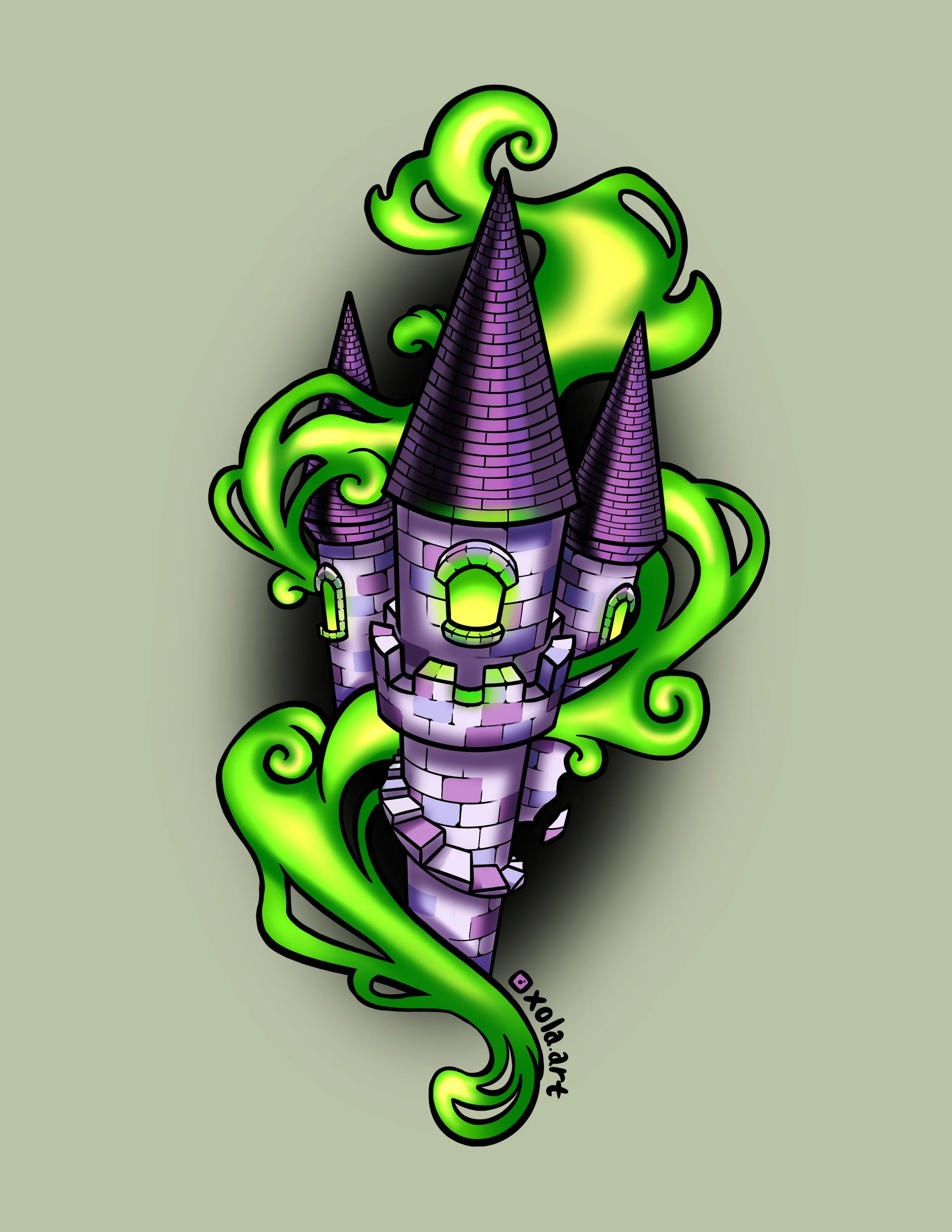 A digital illustration of a purple castle with four tall, pointed towers, surrounded by green, swirling, smoke-like shapes.