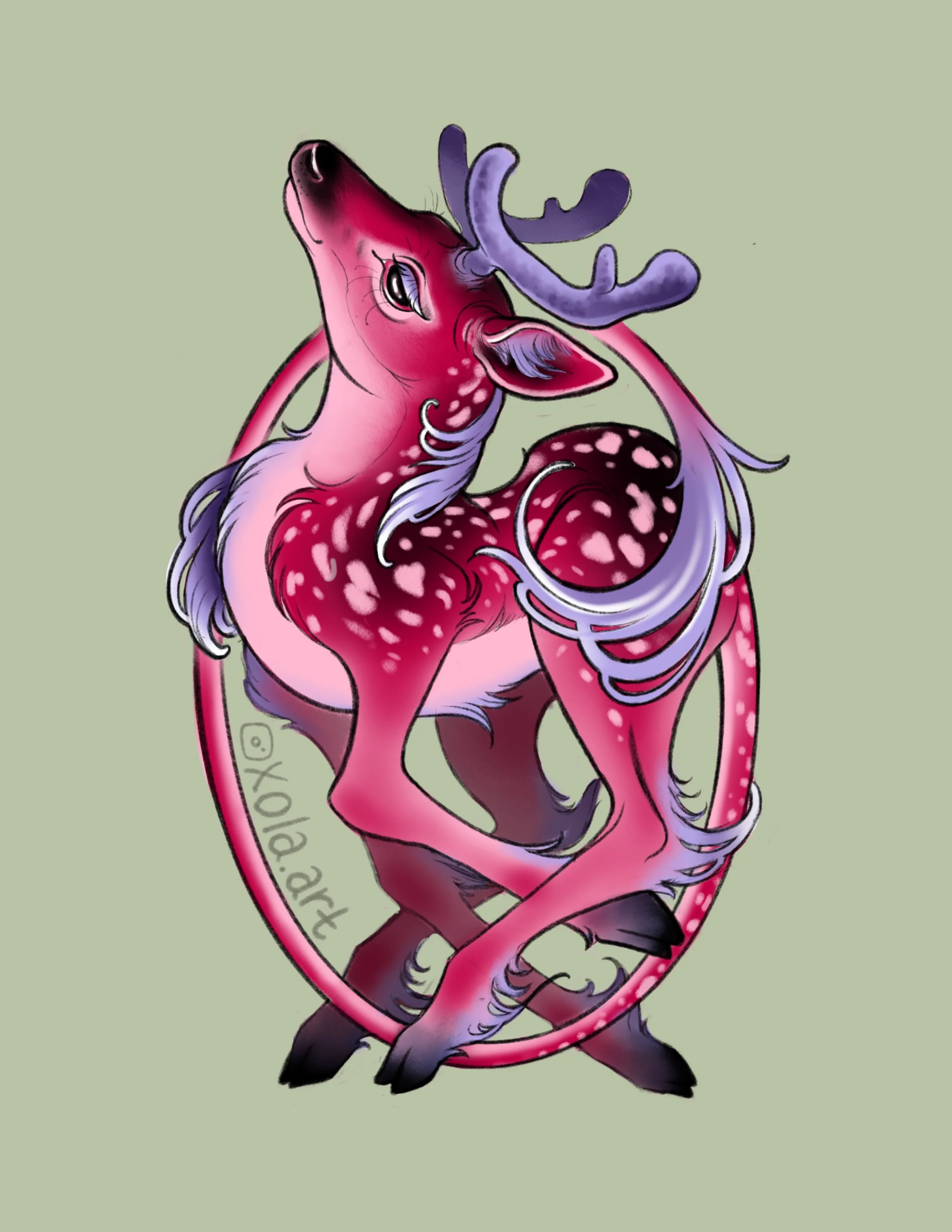 A stylized fantasy illustration of a hybrid creature with the body of a fox and deer antlers, pink and purple colors, inside a pink heart-shaped frame with a light green background.
