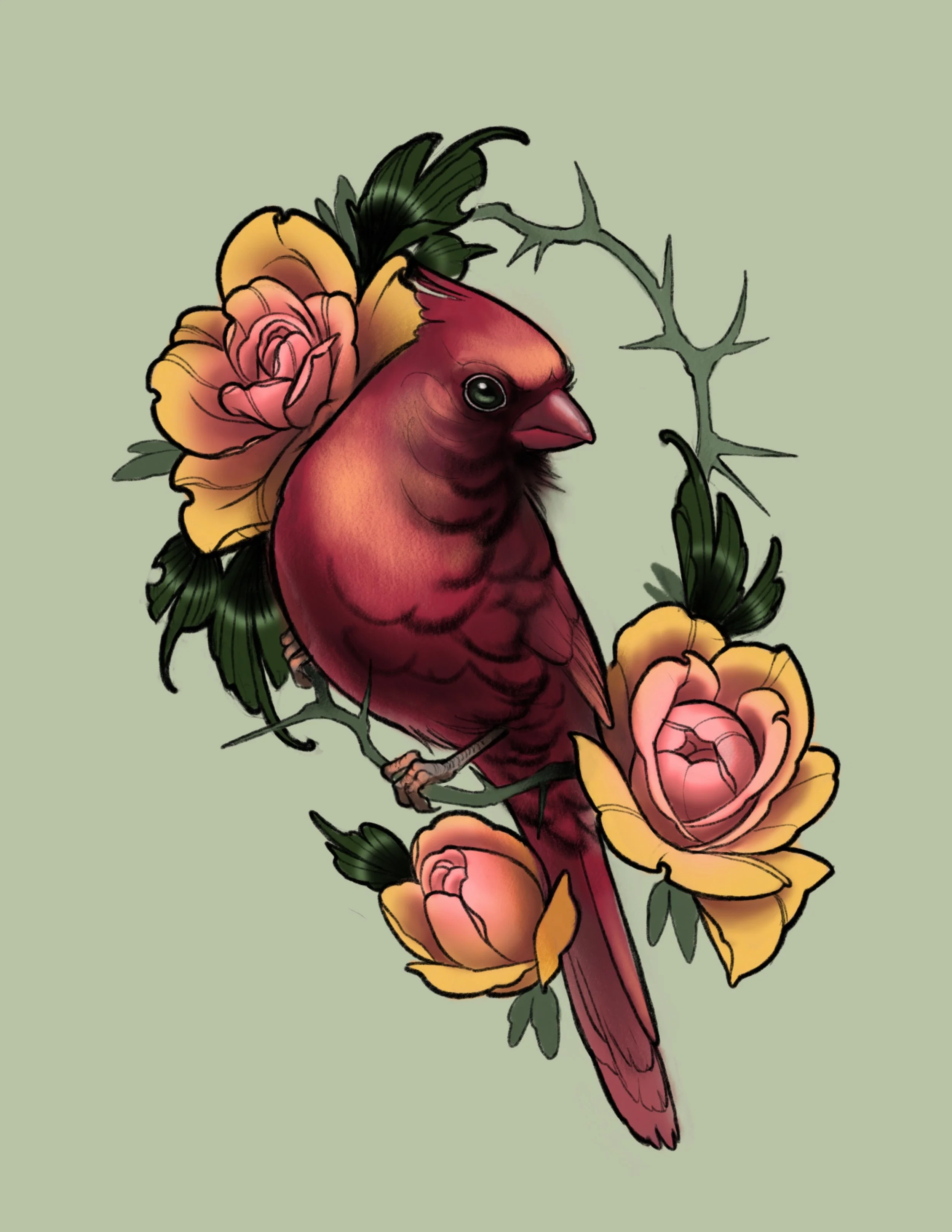 A digitally illustrated red cardinal bird perched on a branch with large pink and yellow roses and green leaves against a light green background.
