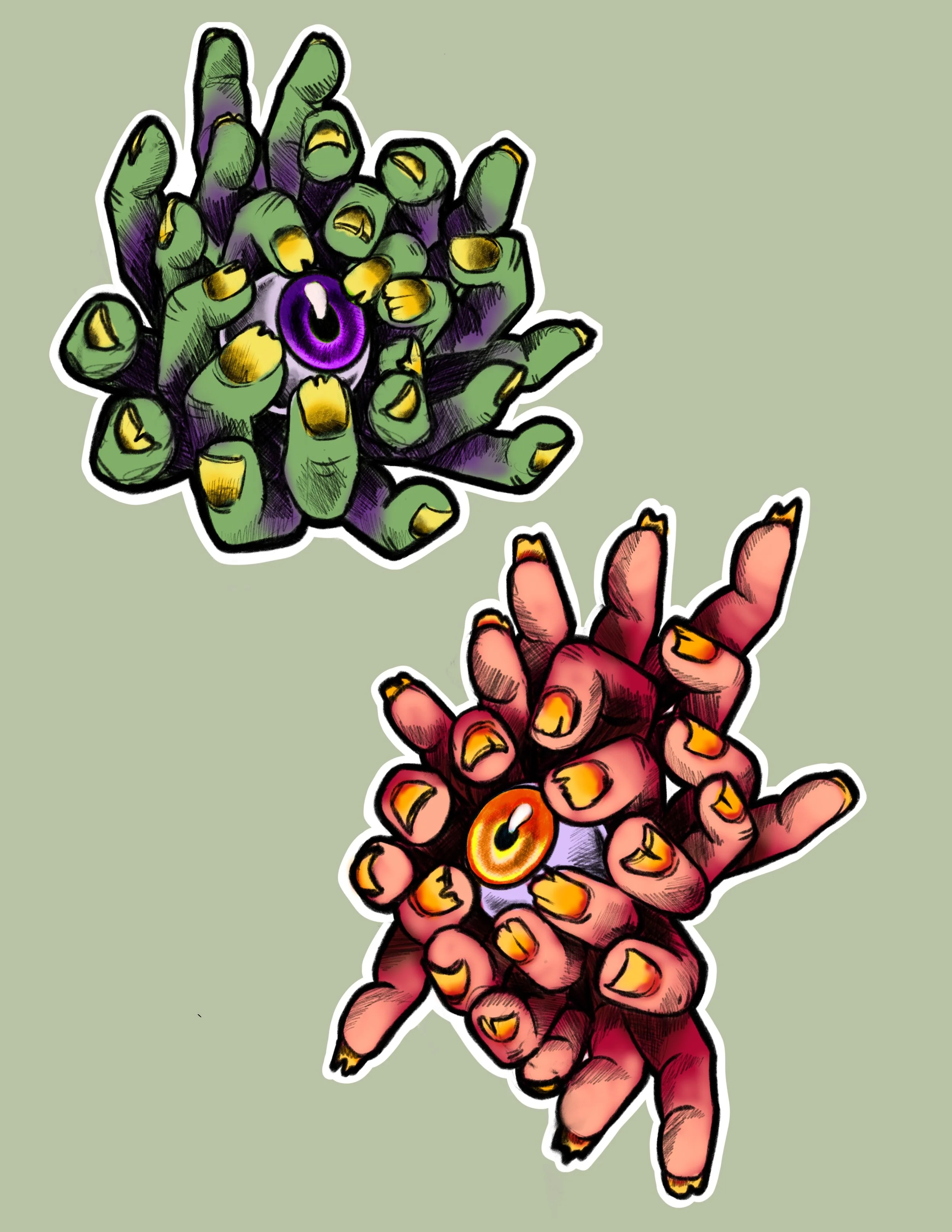 Illustration of a hand making a rock and roll gesture with pinky and index fingers extended, showing painted nails. The hand is colored in shades of red and pink, with a light green background.