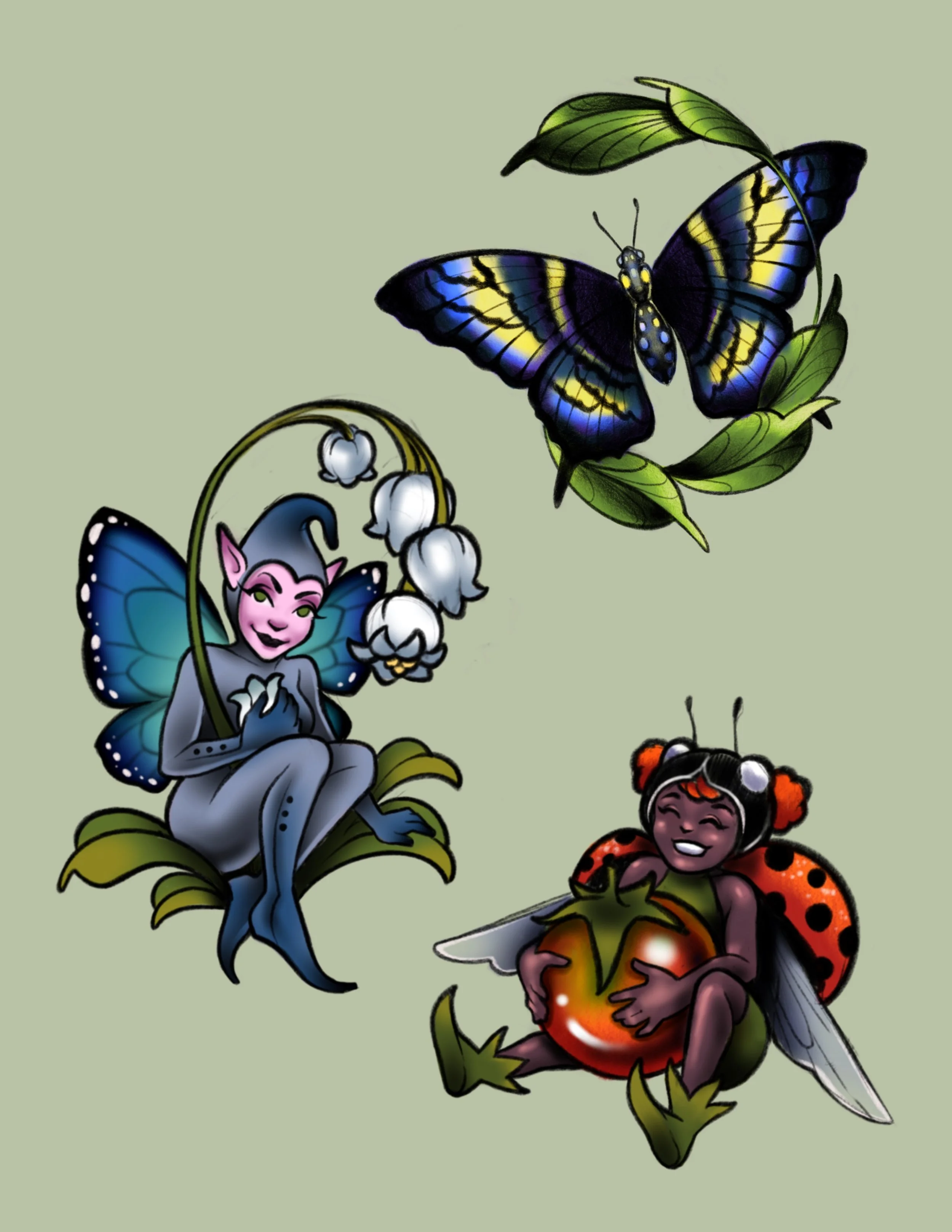 Illustration of three fairy-like characters with butterfly wings, each sitting on a different type of flower, set against a plain light green background.
