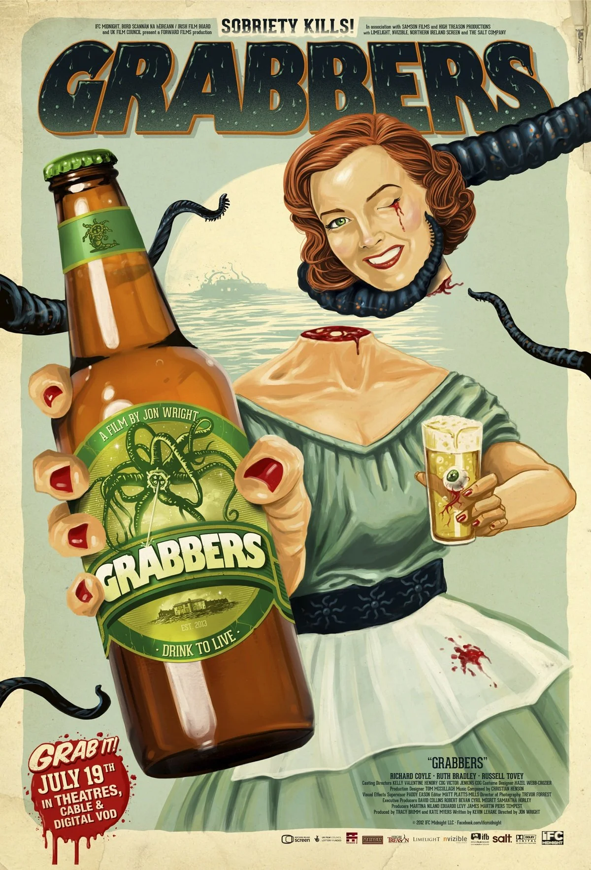 A fictional movie poster titled 'Sobriety Kills' for 'Grabbers' features a woman with wavy red hair, holding a beer bottle with a green label and a drinking glass with a green eyeball. She has a cut on her face, an open-mouthed smile, and is wearing a green off-shoulder blouse and a white skirt. She is surrounded by cartoonish black worms, one of which has entered her mouth. The background shows a body of water with a boat. The poster includes details about the film's cast, crew, and release date, with a tagline 'Drink to Live.'