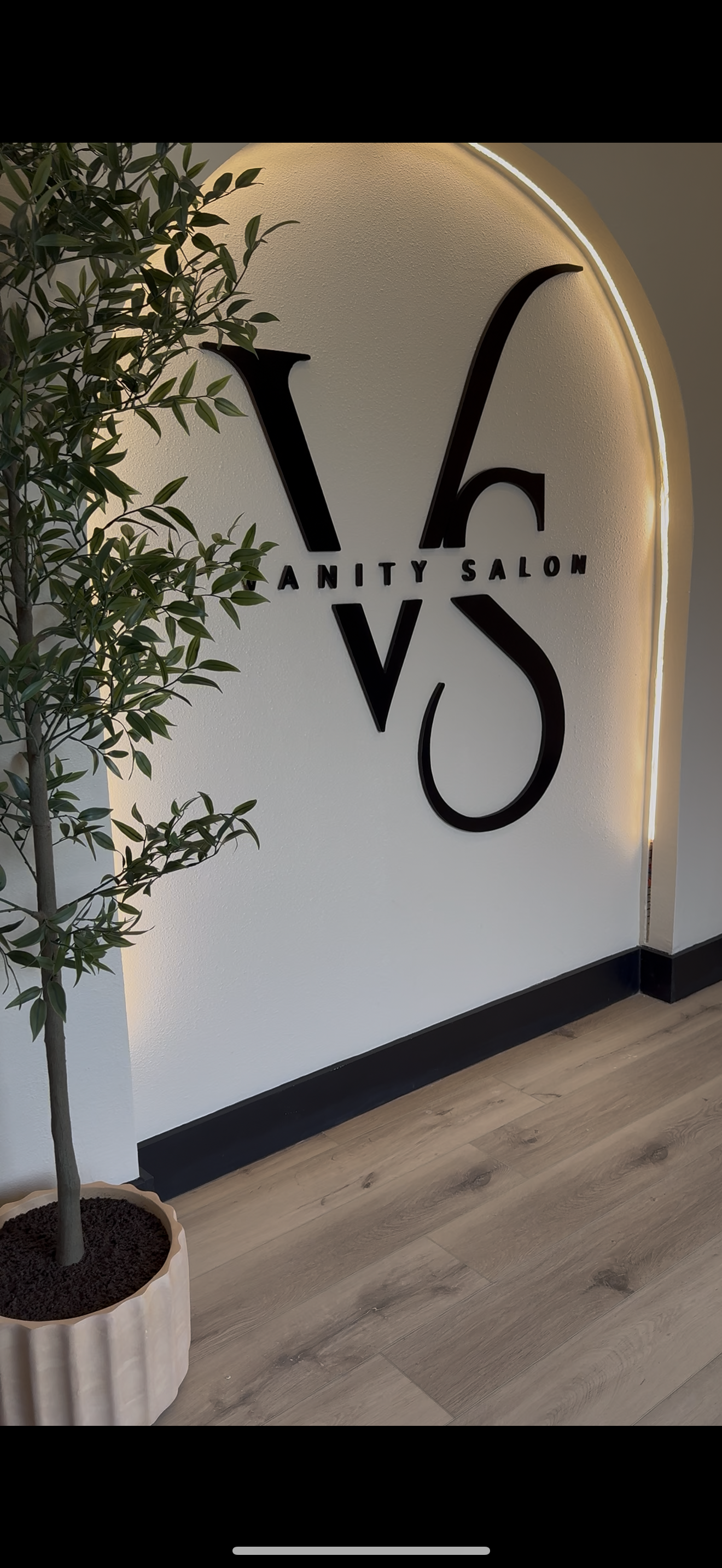 Gallery wall with large black letters spelling 'V' and 'O' with the words 'Vanity Salon' between them, a potted plant with green leaves on the left, and wood flooring.
