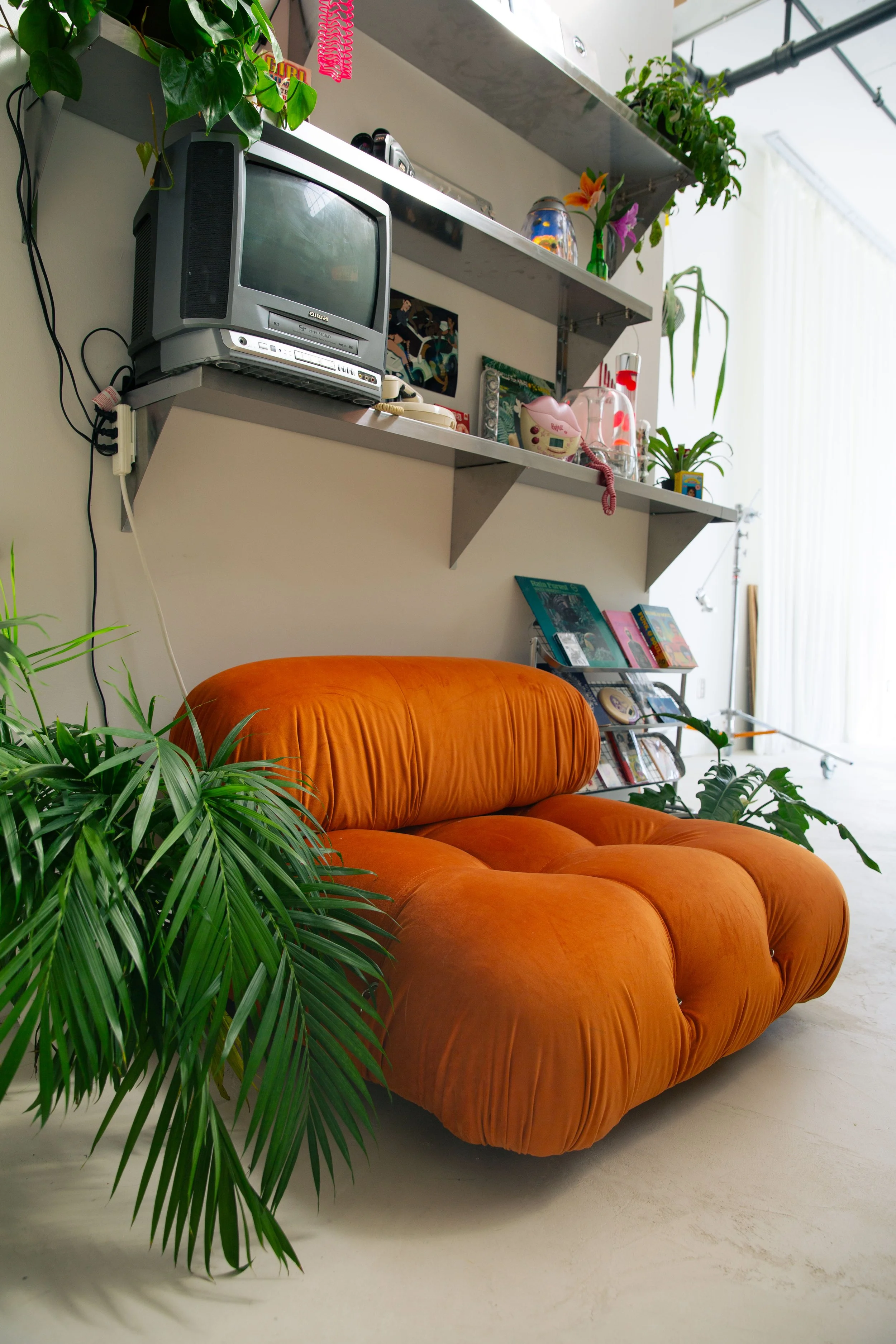 A cozy lounge area with an orange velvet sofa, green plants, and wall-mounted metal shelves holding decorative items, books, and a small CRT TV.