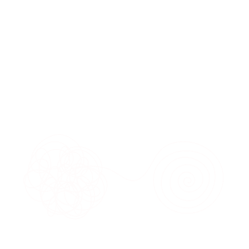 Black background with white line drawing of a tangled ball connected to a spiral.