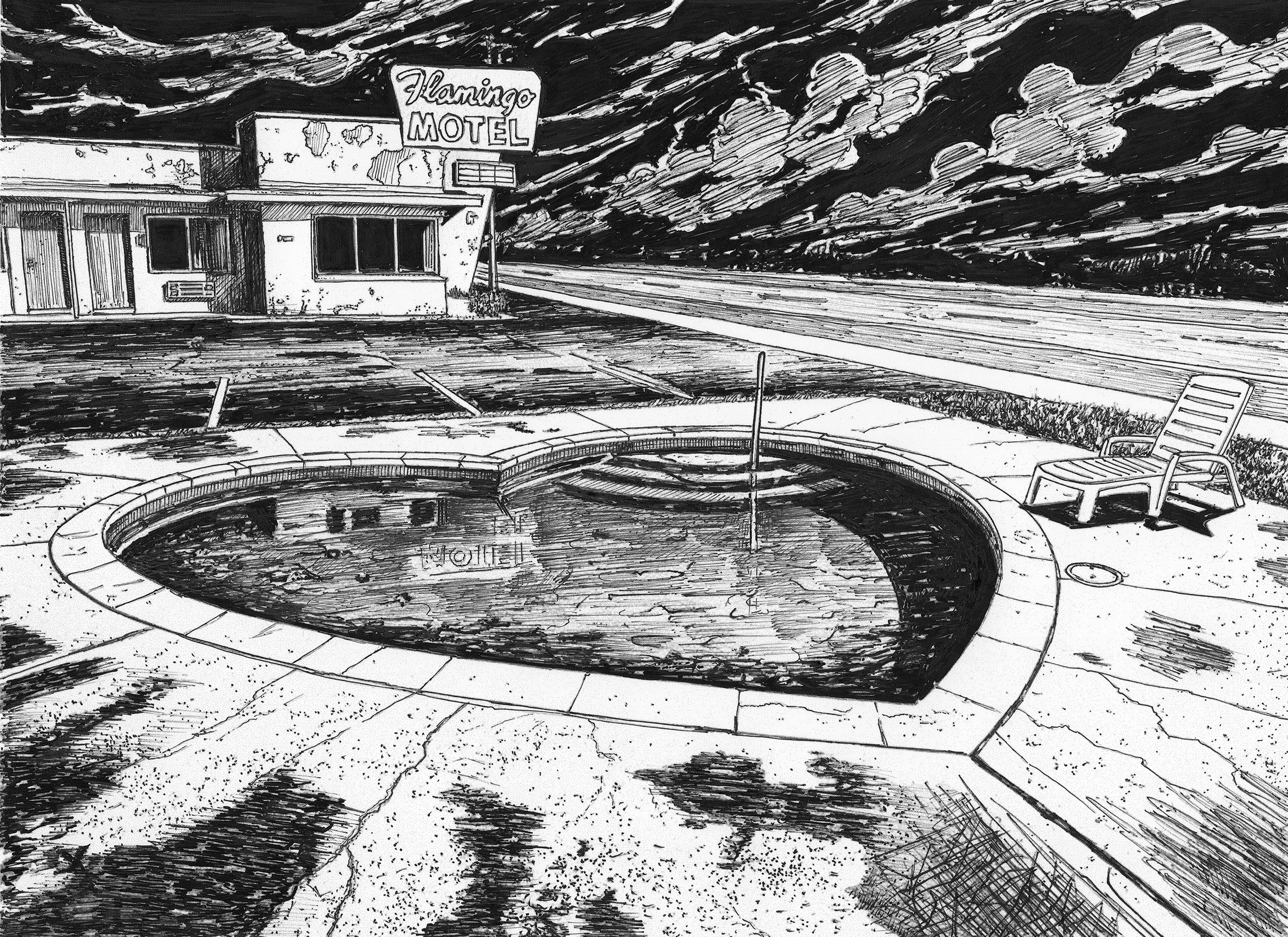 Flamingo Motel 01 artprint: ballpoint pen and ink drawing (8x10)