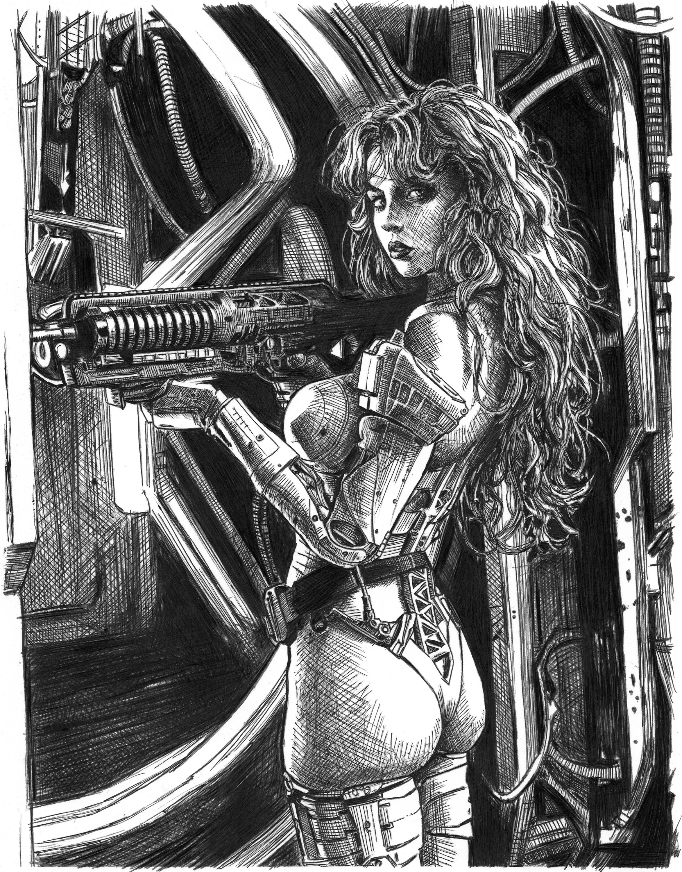 Gun Girl artprint: ballpoint pen and ink drawing (8x10)