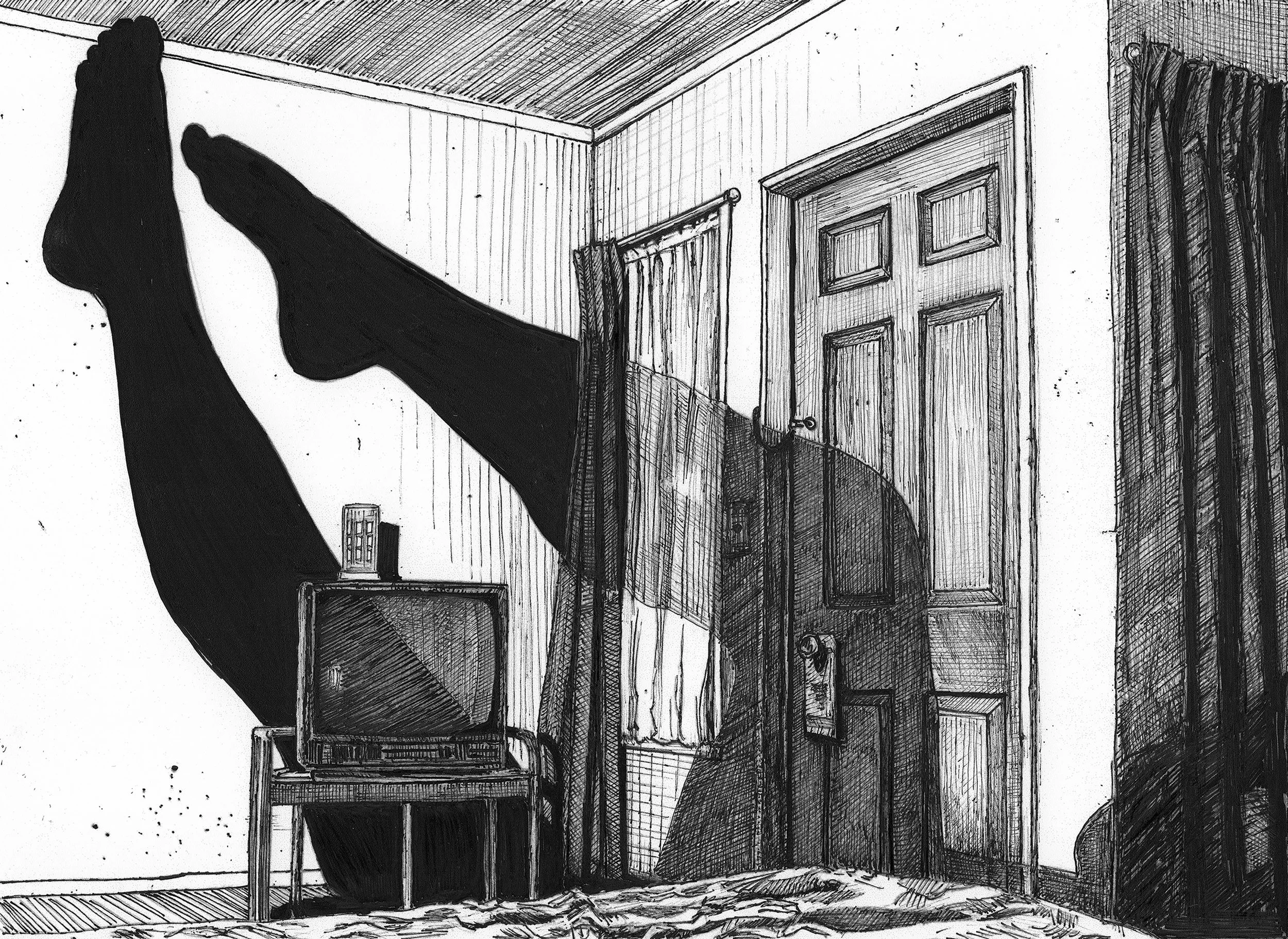 Flamingo Motel 02 artprint: ballpoint pen and ink drawing (8x10)