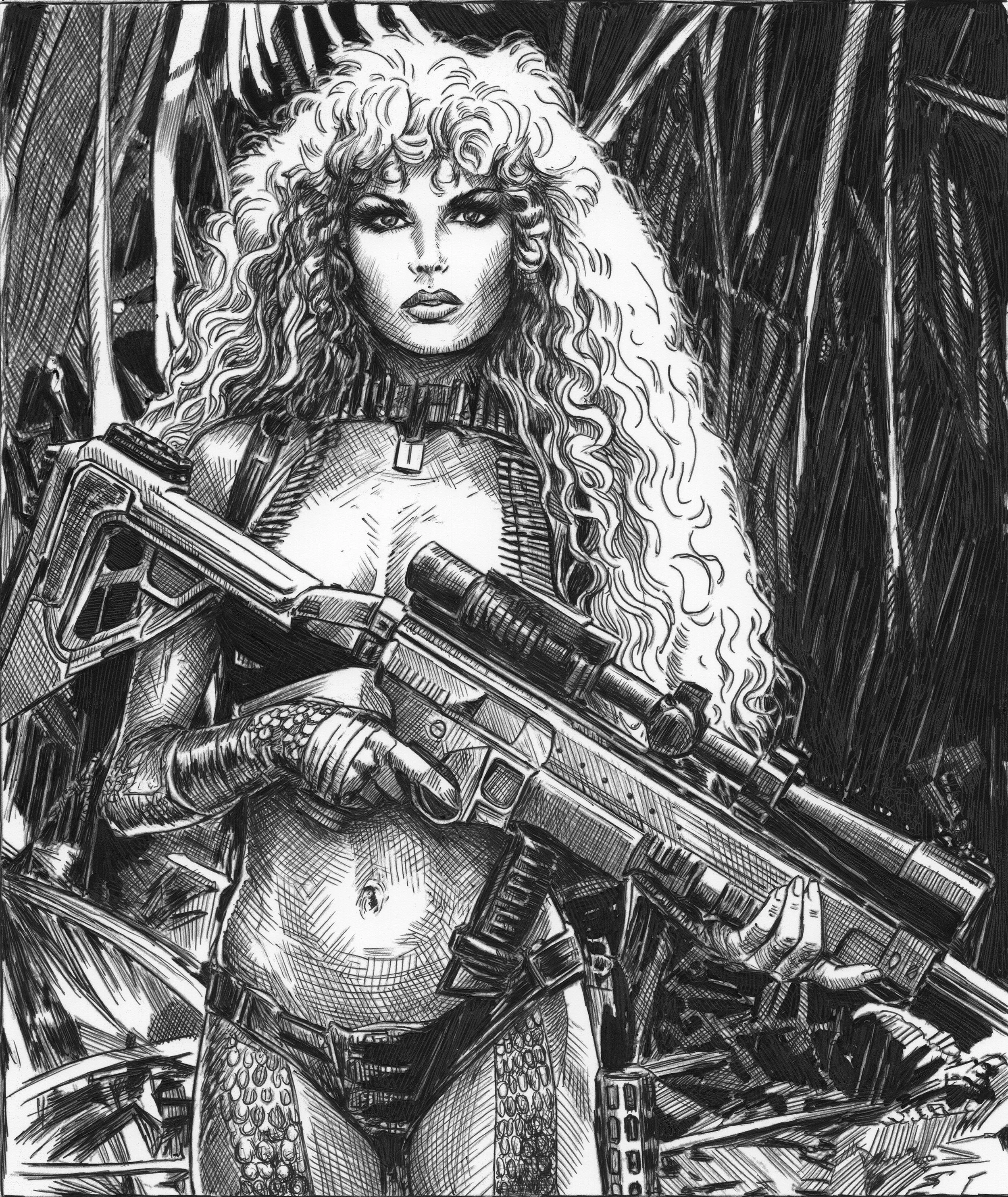 Big Curls & Big Guns artprint: ballpoint pen and ink drawing (8x10)