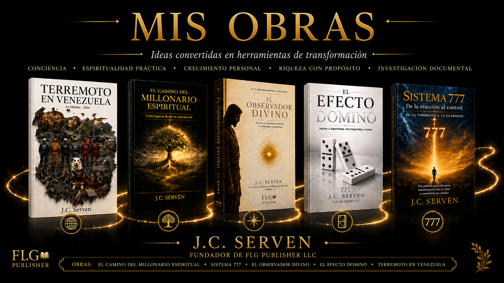 Portadas de cinco libros de J.C. Serven publicados por FLG Publisher LLC sobre conciencia, espiritualidad, transformación y memoria.