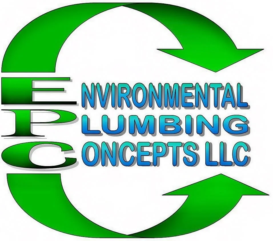 The logo for Environmental Plumbing Concepts LLC features large green arrows forming a circular shape, with the words "Environmental Plumbing Concepts LLC" in blue text in the center, and the letters "EPC" vertically on the left side in green.