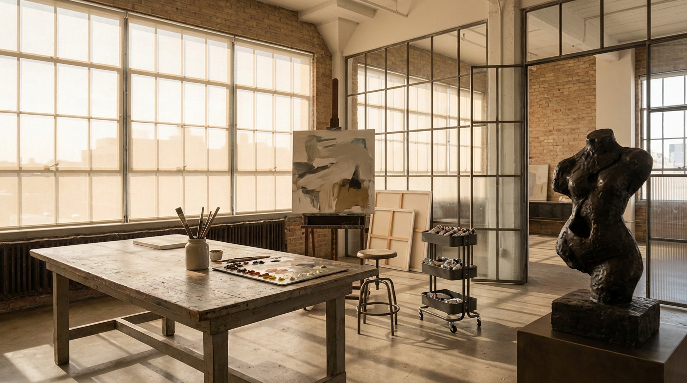 Artist's studio with a painting on an easel, sculpture, art supplies, and large windows letting in natural light.