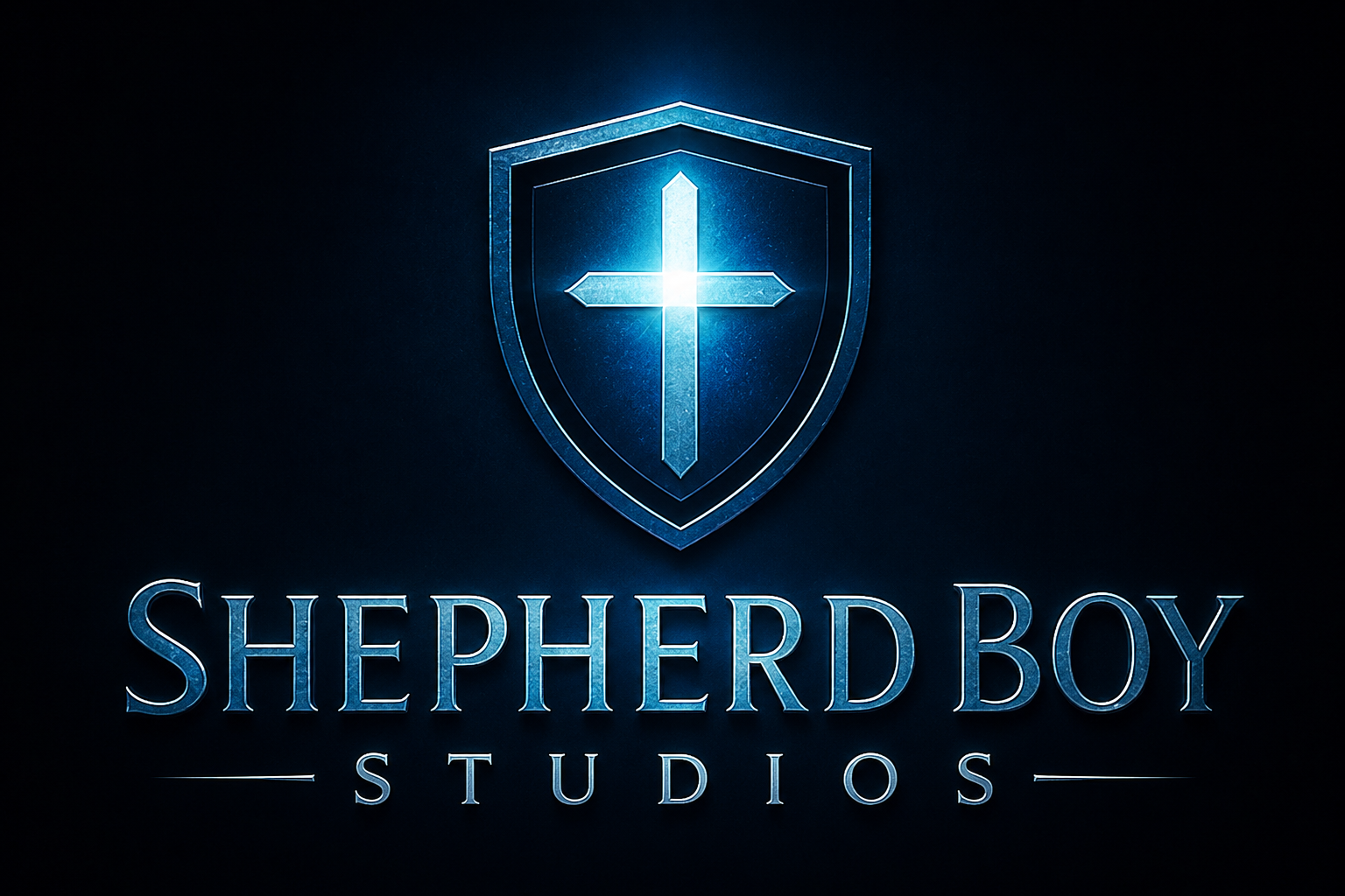 Logo of Shepherd Boy Studios with a shield and cross emblem on a dark background.
