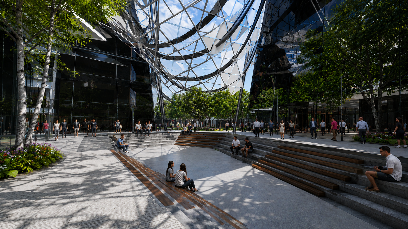 An outdoor urban space crowded with people, featuring modern architecture with glass facades, a geometric metal roof, and wooden seating steps, surrounded by trees and greenery.