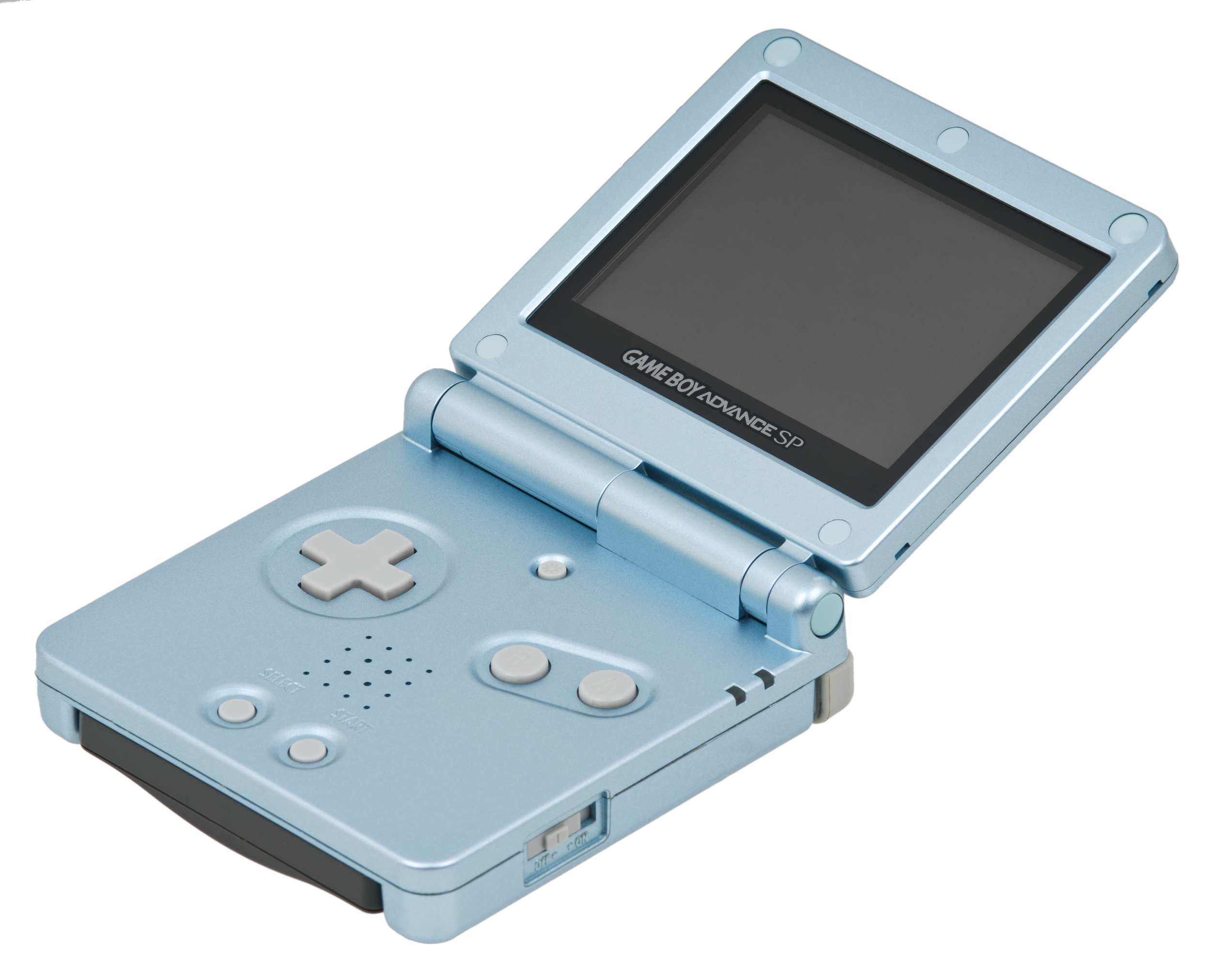 A light blue Nintendo Game Boy Advance SP with its flip lid open, revealing the screen and controls.