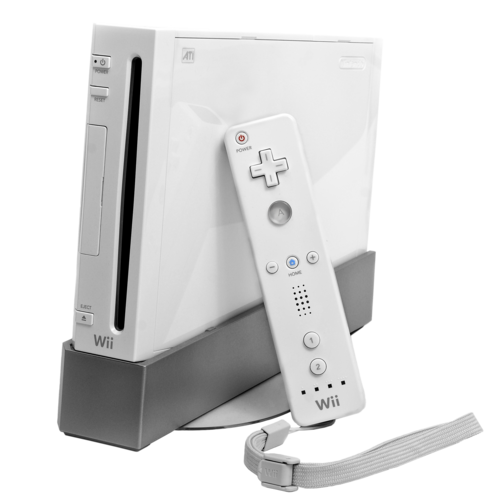 Nintendo Wii gaming console with a white remote control and a wrist strap, all placed on a stand