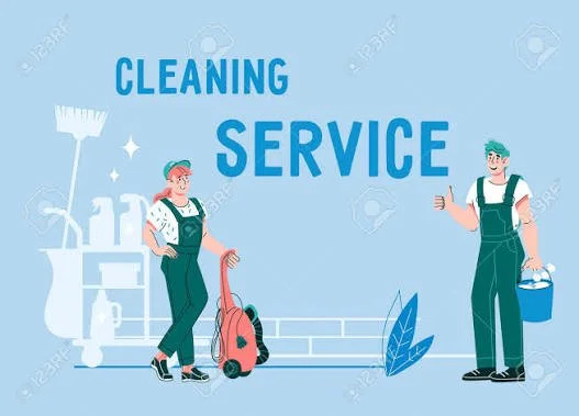 Illustration of a cleaning service with two workers; one woman with a vacuum and a mop, and a man giving a thumbs-up with cleaning tools, against a blue background.