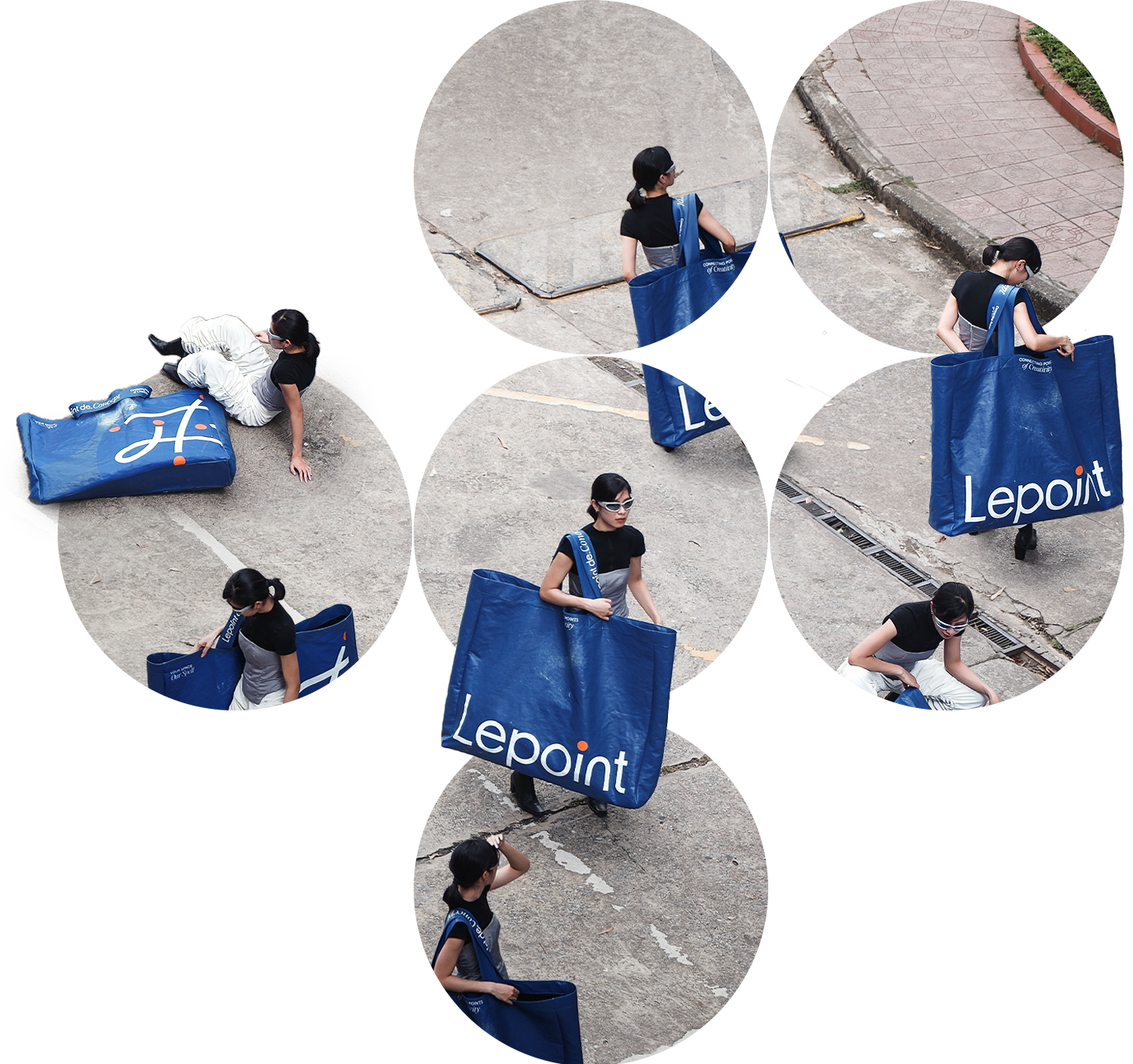 A collage of images showing a woman carrying a large blue tote bag with the word "Lepoint" on it. In some images, she is walking on the street, and in others, she is sitting or standing.