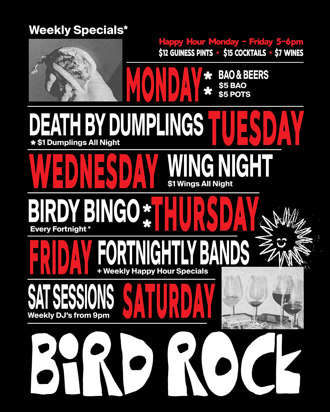 Weekly specials schedule for Bird Rock bar, listing daily events and deals including beer, cocktail, wine prices, happy hour, dumpling night, wing night, bingo, live bands, and DJ sessions, with images of food and drinks.
