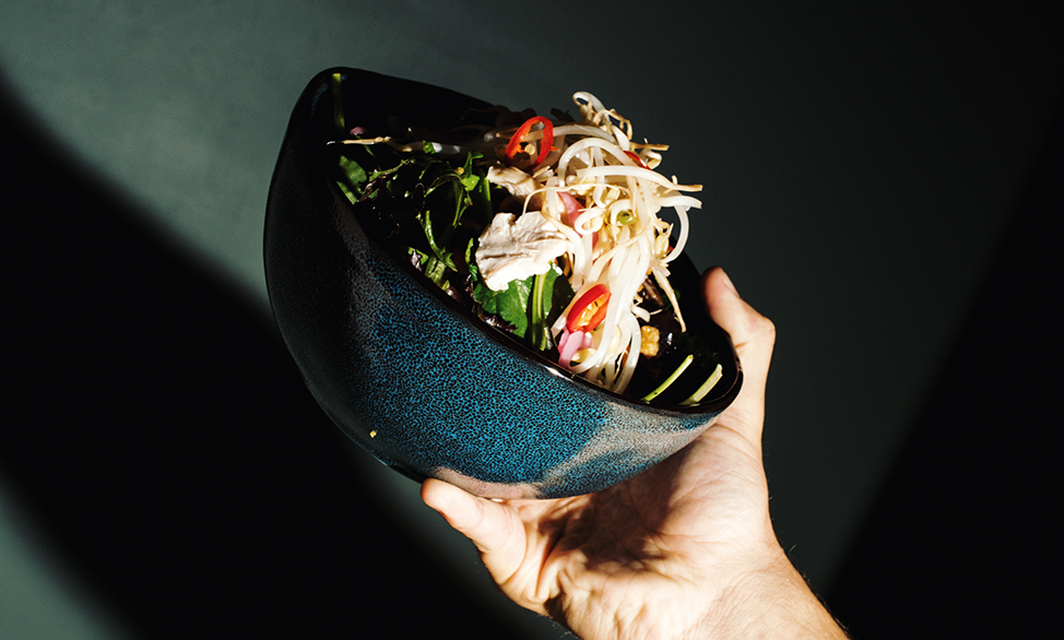 Hand holding a bowl of Asian-style noodle salad with greens, bean sprouts, and sliced red peppers.