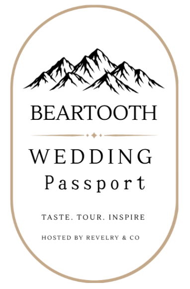 Design of a wedding passport with mountain graphic at the top, the words "BEARTOOTH WEDDING Passport" in the center, and the phrase "TASTE. TOUR. INSPIRE" with host details at the bottom.