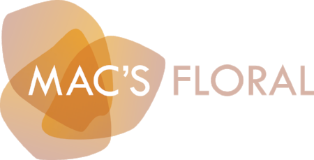 Logo for MAC'S FLORAL with overlapping abstract flower shapes in shades of beige and brown.