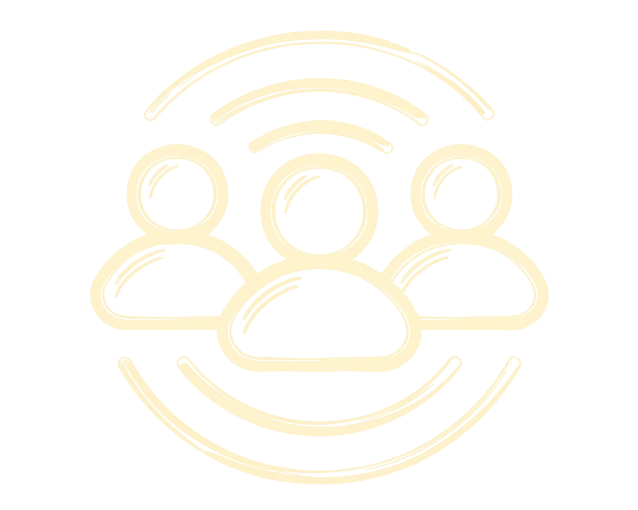 Outline drawing of three people standing next to each other with a circle in the background.