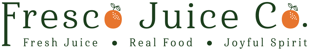 Logo for Fresco Juice Co. with text 'Fresco Juice Co.': Fresh Juice, Real Food, Joyful Spirit, featuring an orange icon with a leaf