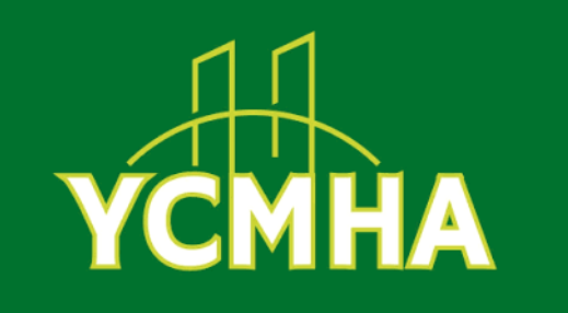 YCMHA logo with stylized buildings and a bridge on a green background
