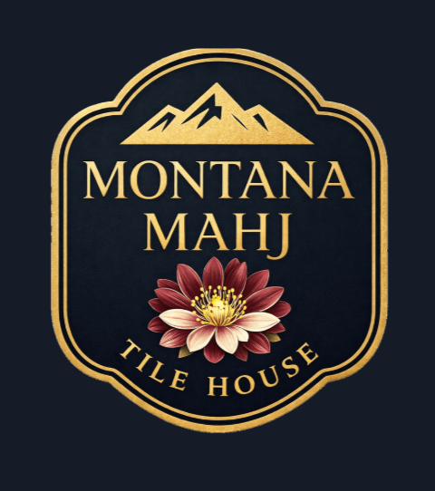 Logo for Montana Mahj Tile House with mountain illustration and a flower.