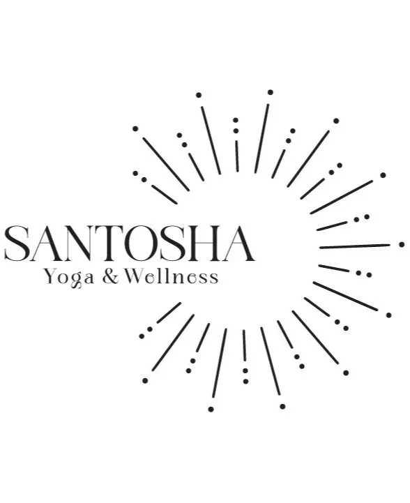 Logo for Santosha Yoga & Wellness featuring a circular pattern of black lines and dots surrounding the text