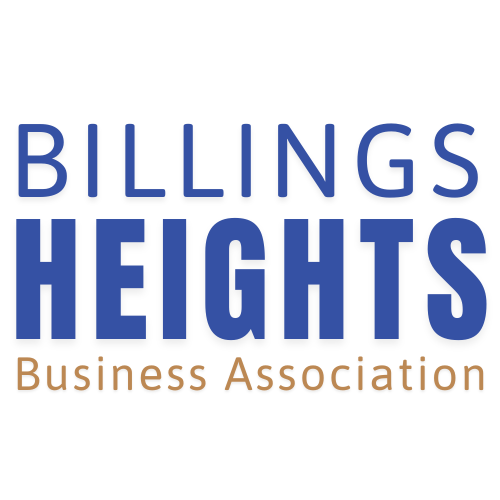Billings Heights Business Association logo with blue and brown text on a black background.