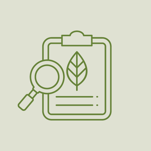 Outline drawing of a clipboard with a leaf symbol and a magnifying glass.