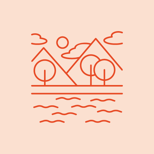Minimalist line drawing of mountains, trees, clouds, a sun, and water, in a simple graphic style.