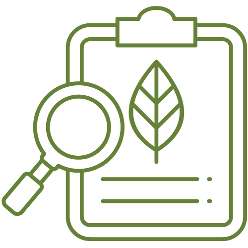 Outline of a clipboard with a leaf icon in the center, connected to a magnifying glass, all in green lines.