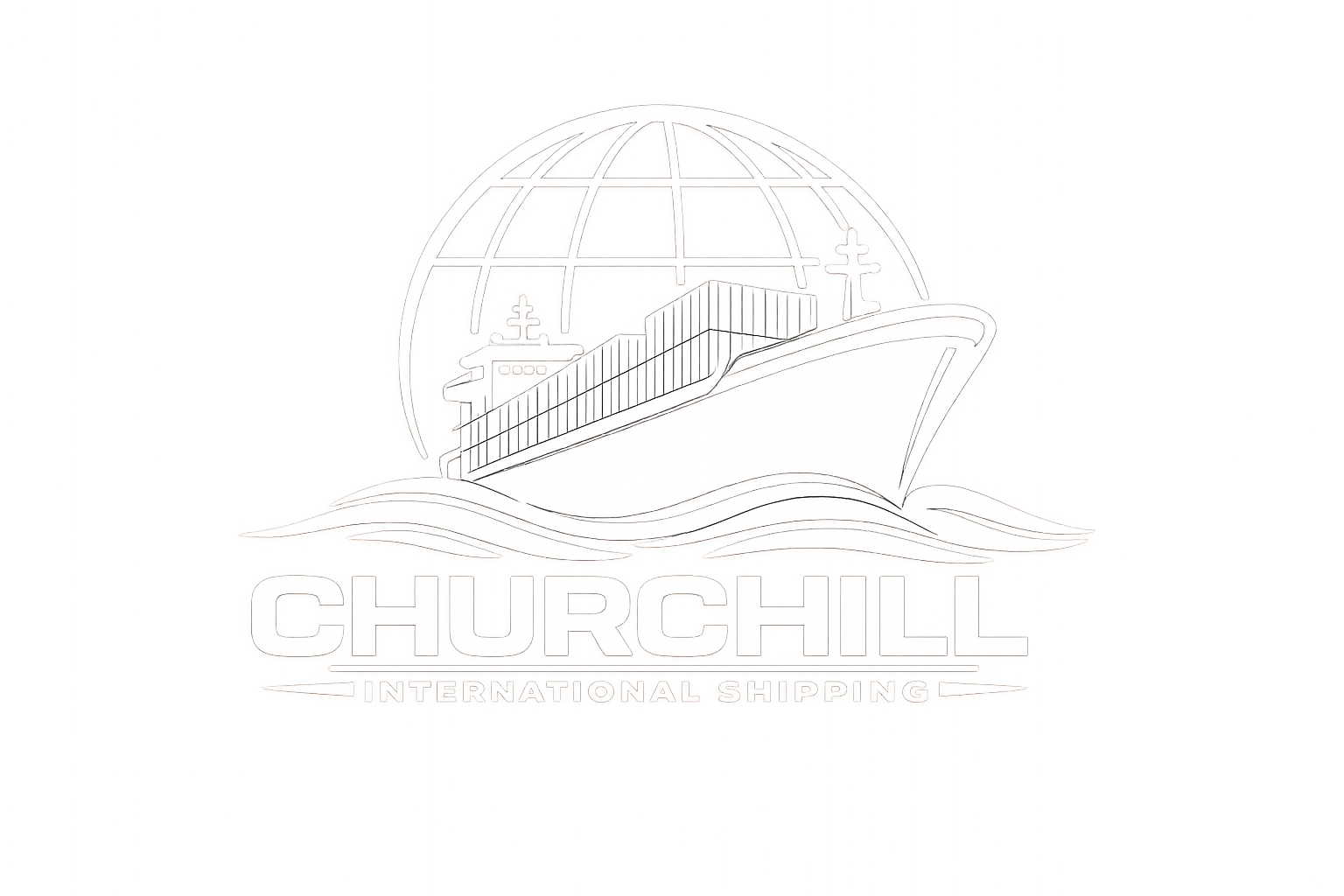 Logo for Churchill International Shipping featuring a large cargo ship sailing on stylized waves, with a globe above in the background.