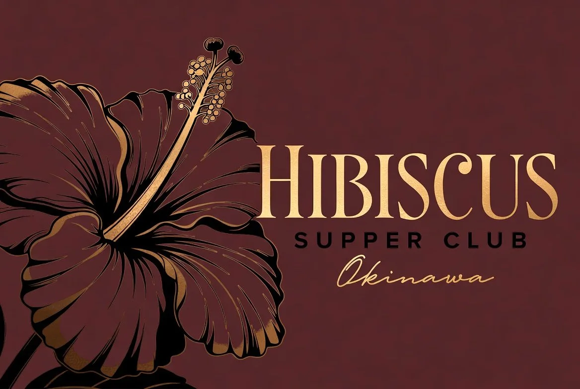 A graphic design featuring a dark maroon hibiscus flower with gold accents and text that reads "Hibiscus Supper Club Okinawa."