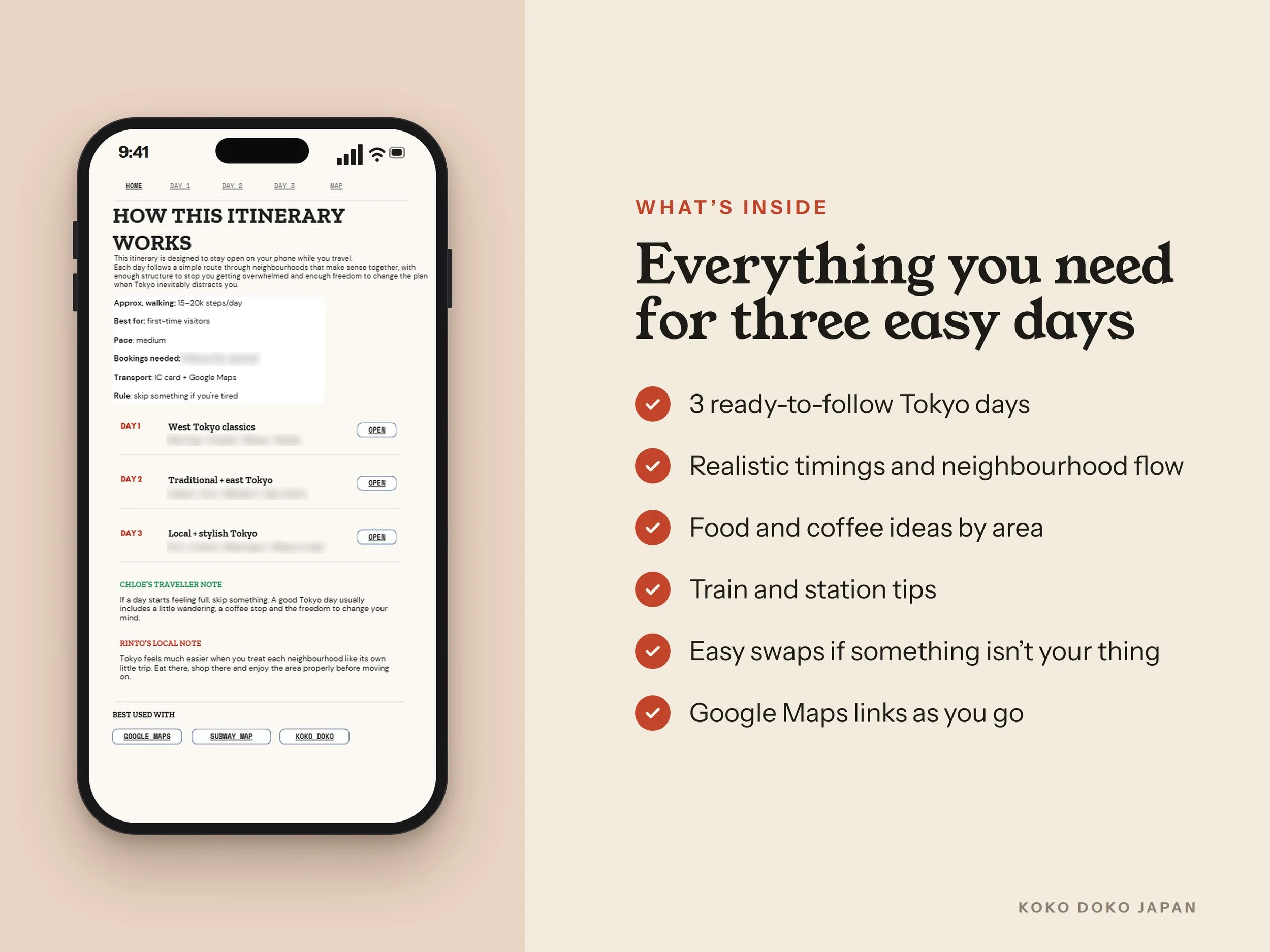 Preview of a 3-day Tokyo travel itinerary with daily routes, realistic timings, food recommendations, train tips and Google Maps links.