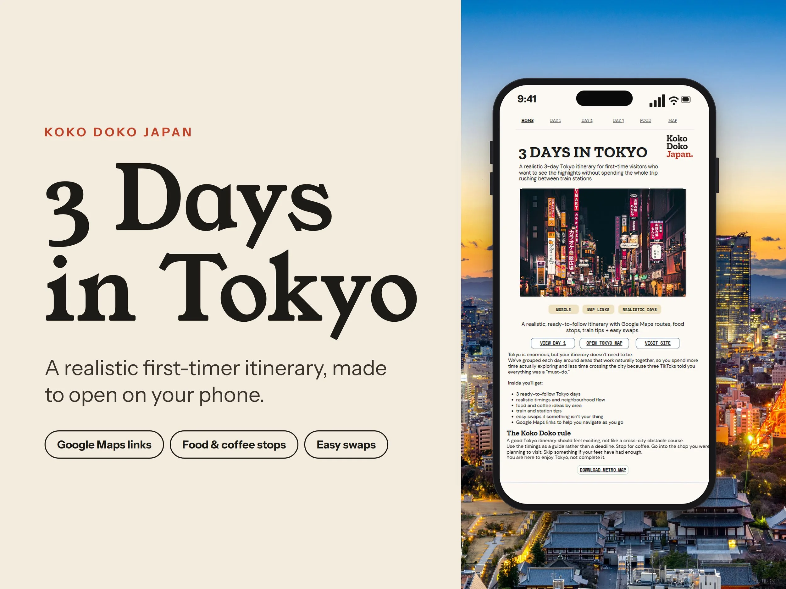 3 Days in Tokyo itinerary by Koko Doko Japan, showing a mobile-friendly travel guide on a phone against the Tokyo skyline.