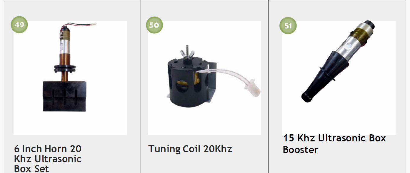 Images of ultrasonic car audio components: a 6-inch horn speaker, a tuning coil, and a 15 kHz ultrasonic box booster.