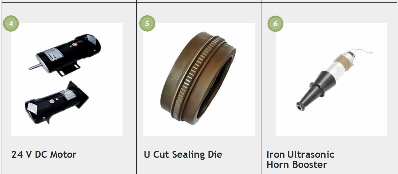 Image showing three automotive parts: a 24V DC motor, a U cut sealing die, and an iron ultrasonic horn booster.