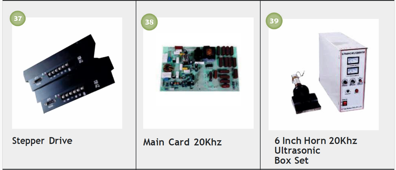 Image of electronic components including a stepper drive, a main card for 20KHz, and a 6-inch ultrasonic box set for 20KHz.