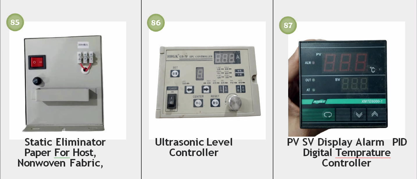 Three electronic control devices. First is a Static Eliminator Paper for host nonwoven fabric with a red power switch and connection points. Second is an Ultrasonic Level Controller with buttons, a digital display, and control knobs. Third is a PV SV Display Alarm PID Digital Temperature Controller with digital readouts and control buttons.