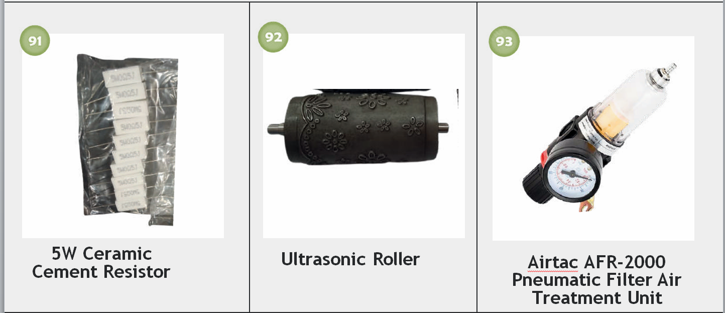 Images of components: a package of five ceramic cement resistors, an ultrasonic roller with a black floral pattern, and an airtac AFR-2000 pneumatic filter air treatment unit with pressure gauge.