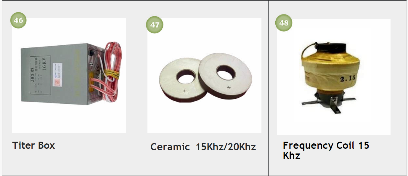 Images of electronic components, including a Titer Box, ceramic components labeled 15KHz/20KHz, and a frequency coil labeled 15KHz.