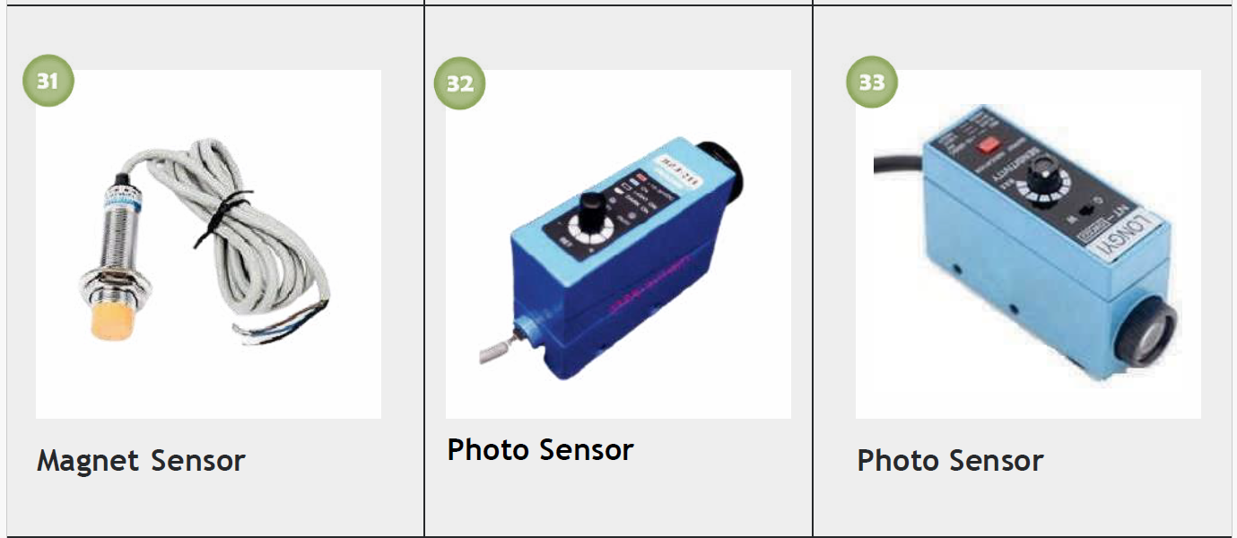 Three sensors: a magnet sensor with a metal body and cord, and two photo sensors with blue rectangular bodies and black adjustment dials.